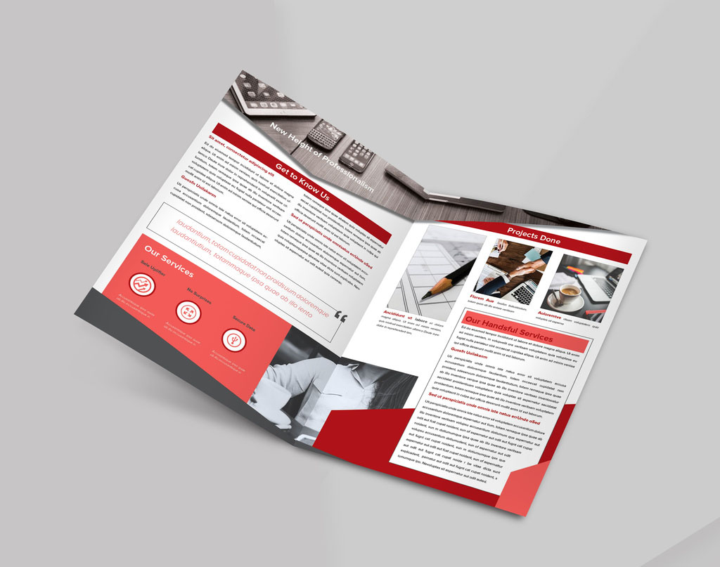 Bifold Brochure Layout with Abstract Elements and Red Accents