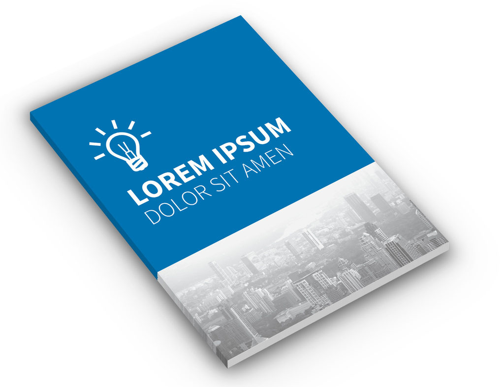 Blue and White Brochure Layout with City Skyline Image