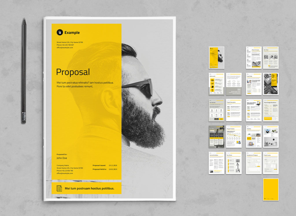 Business Proposal Layout with Yellow and Gray Accents