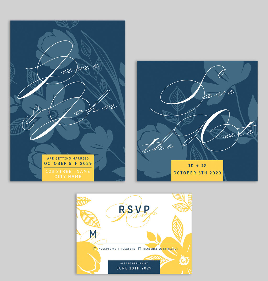 Dark Blue and Yellow Wedding Suite Layout with Floral Graphics