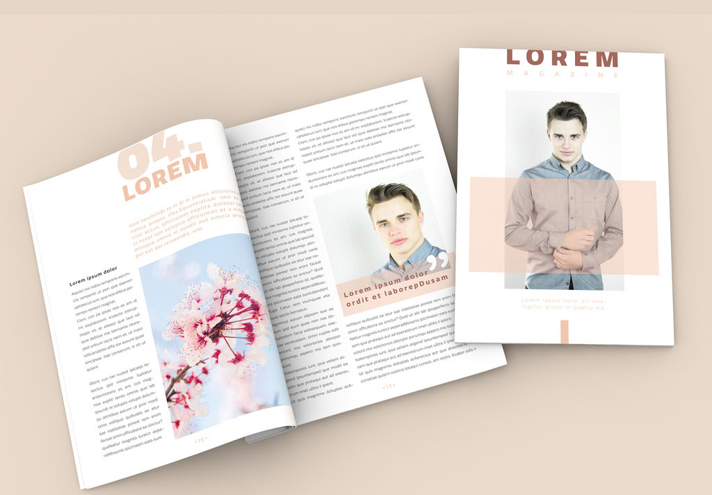 Magazine Layout with Peach and Dark Red Accents