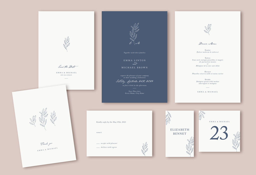 Minimalist Wedding Suite Layout with Leaf Illustrations