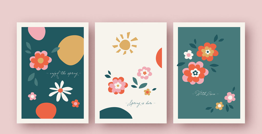 Spring-Themed Greeting Card Layouts with Flower Illustrations