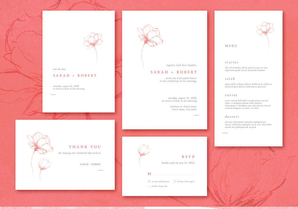 Wedding Stationery Suite Layout with Minimalist Floral Illustrations