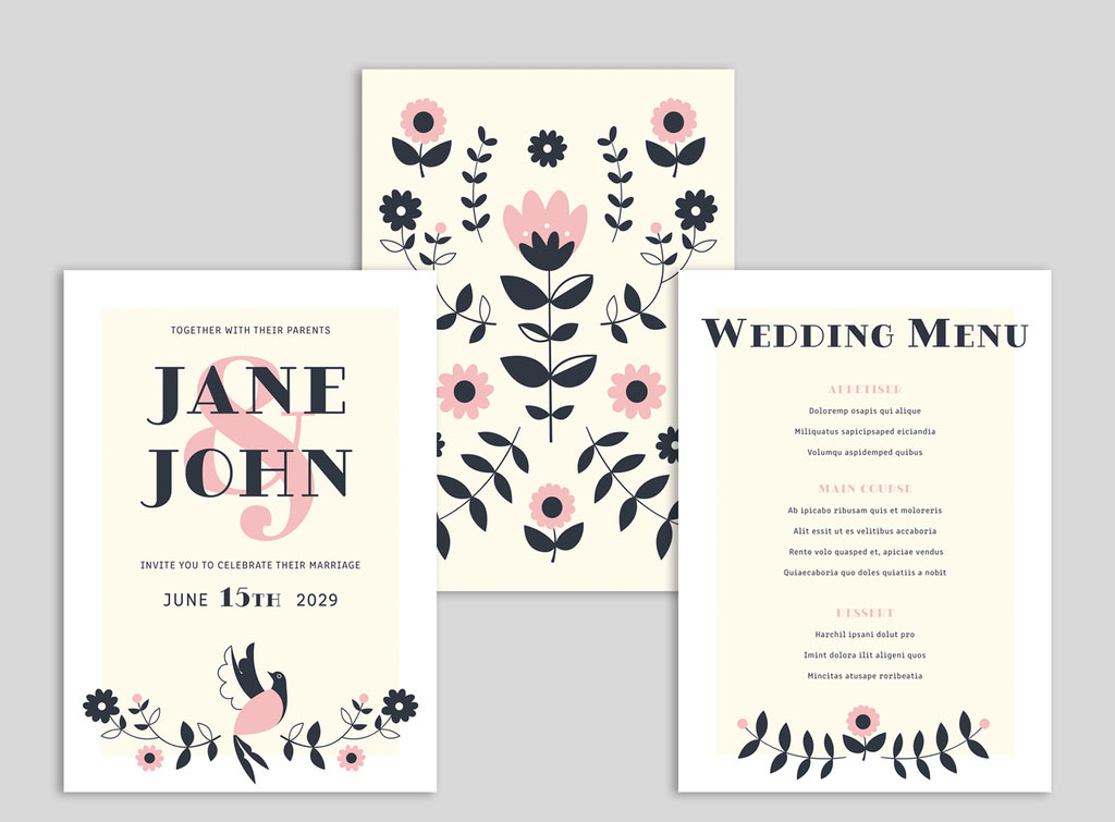 Wedding Suite Layout with Floral Graphic Illustrations