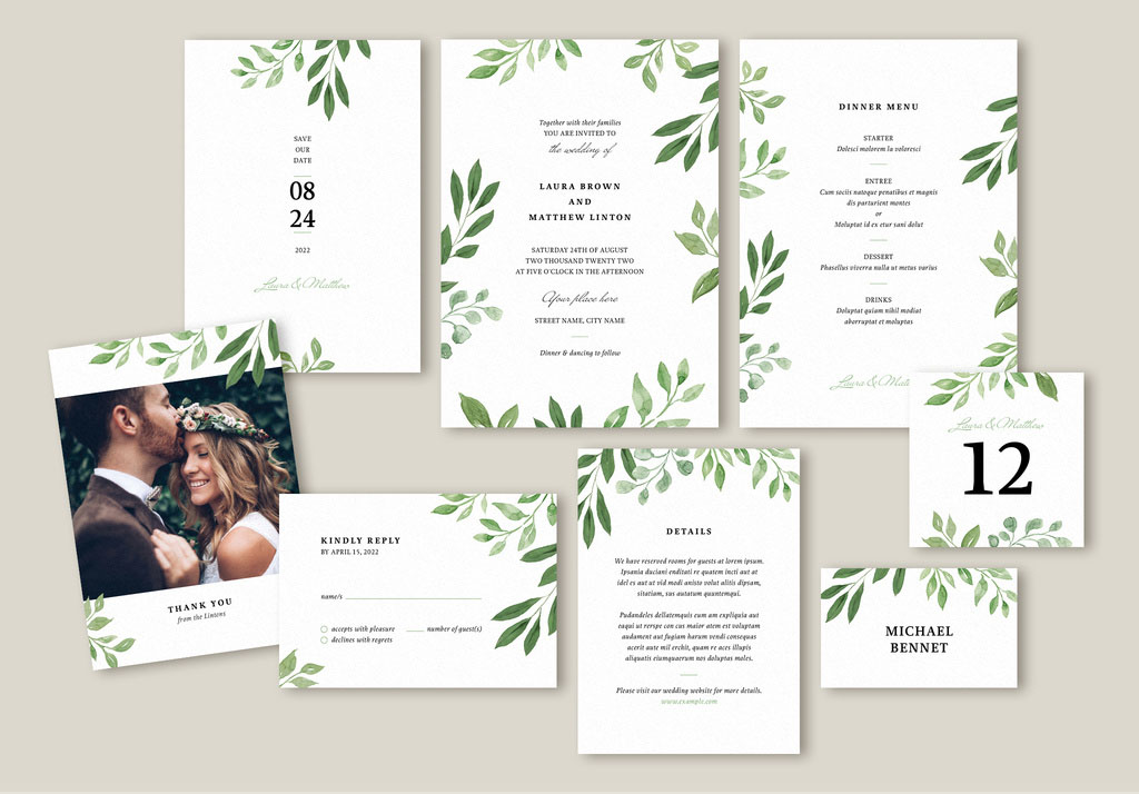 Wedding Suite Layout with Leaf Illustrations