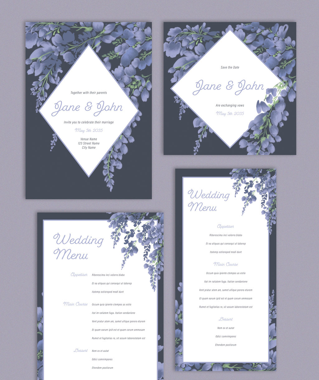 Wedding Suite Layout with Purple Floral Elements