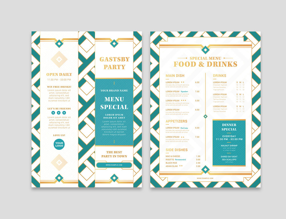 Art Deco Menu Layout in Gold and Turquoise