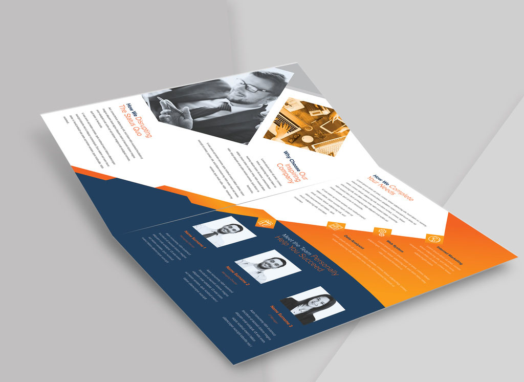 Bifold Brochure with Geometric Elements in Blue and Orange Accents