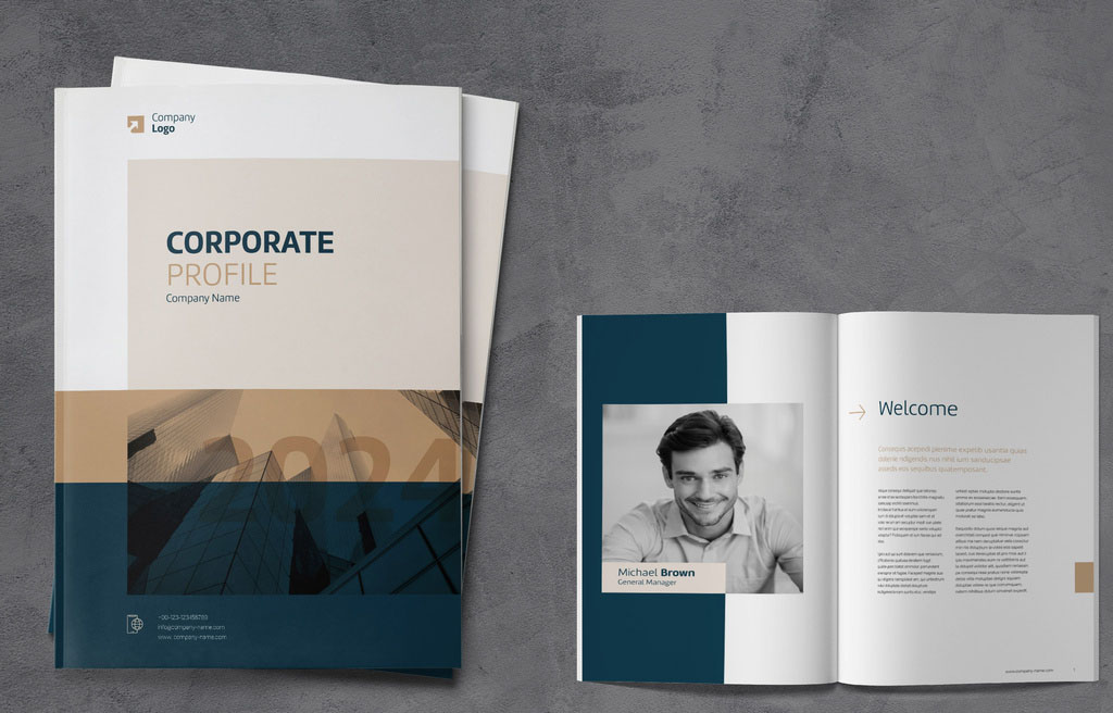 Business Company Profile Brochure with Blue and Gold Accents