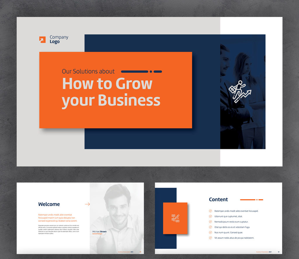 Business Profile Presentation with Blue, Orange and Gray Accents