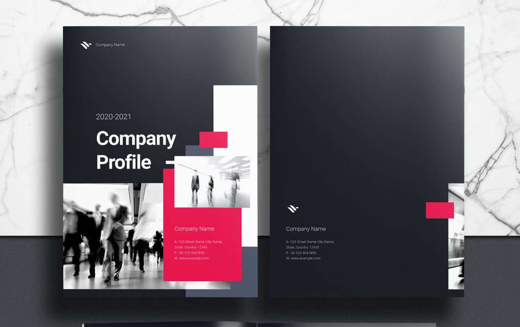 Company Profile Booklet Layout with Black and Pink Accents