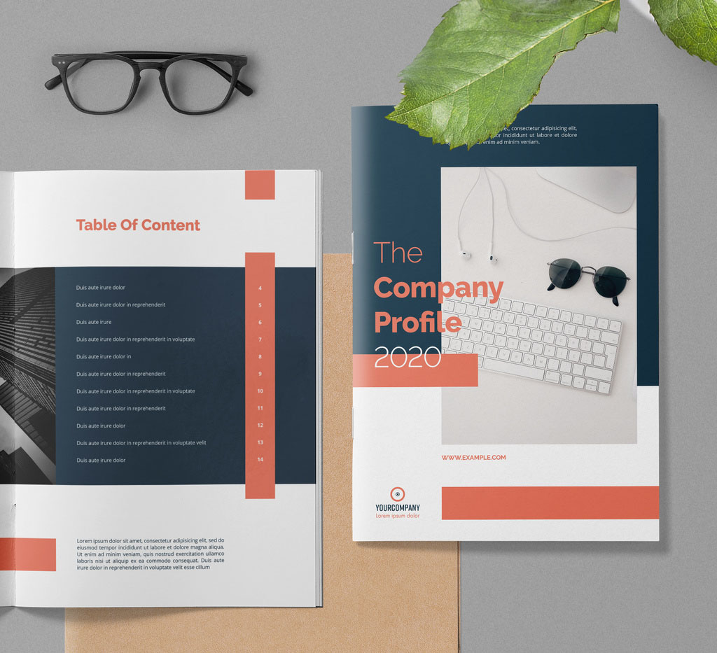 Company Profile Brochure Layout with Salmon Red Accents