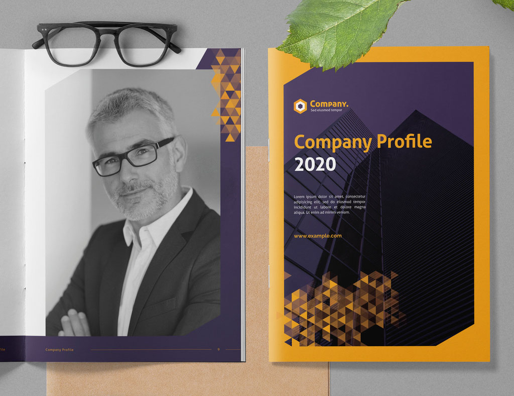 
Company Profile Brochure Layout with Yellow Gradient Triangle Elements