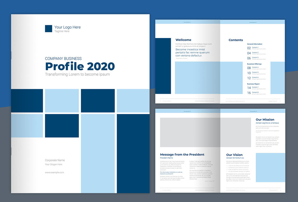 Company Profile Layout with Blue Elements