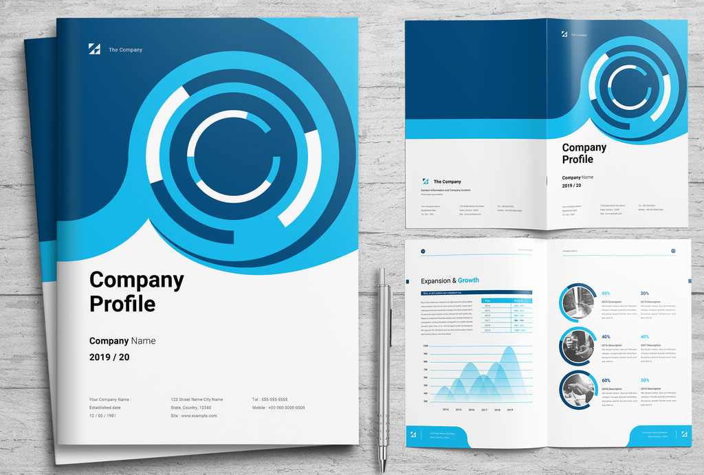 Corporate Profile Booklet Layout with Blue Accents