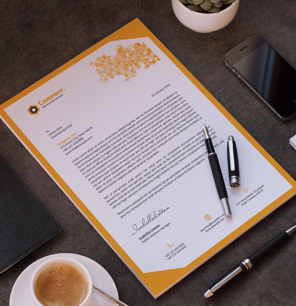 Letterhead Layout with Yellow Gradient Triangle Elements