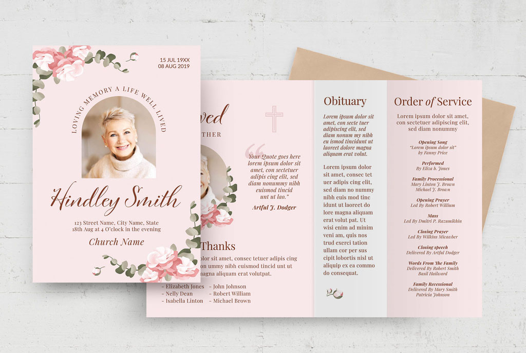 Pink Funeral Program Obituary Flyer Poster with Watercolour Florals